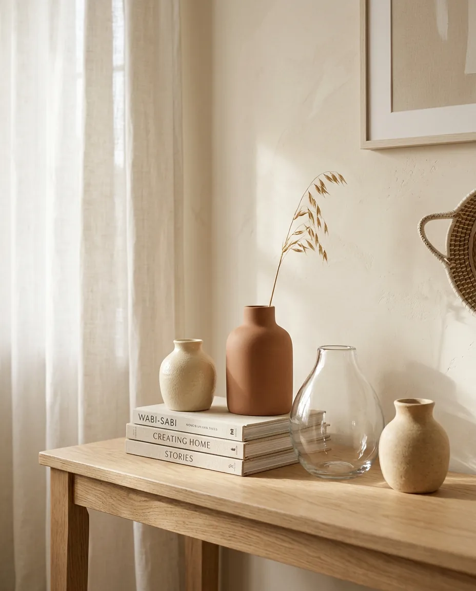 Cream, clay and clear glass vases styled with books on an oak console in soft daylight