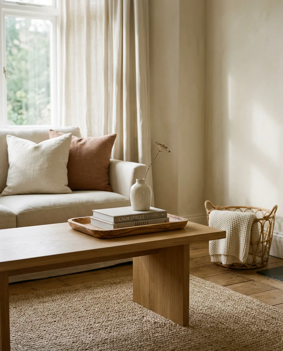 Woven rattan basket holding a cream knitted throw beside a linen sofa and oak coffee table